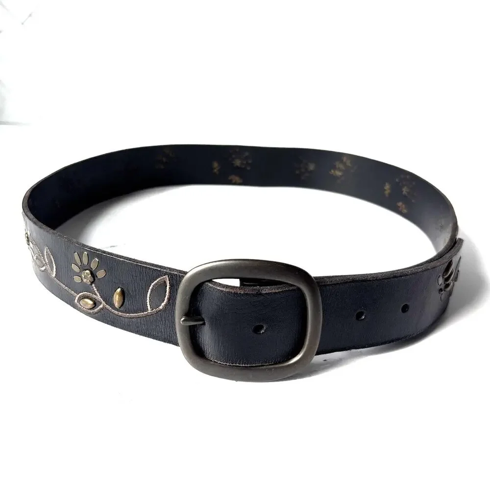 FOSSIL Black Leather Belt Artsy Metal Floral Stud Detail Boho Western Women’s M